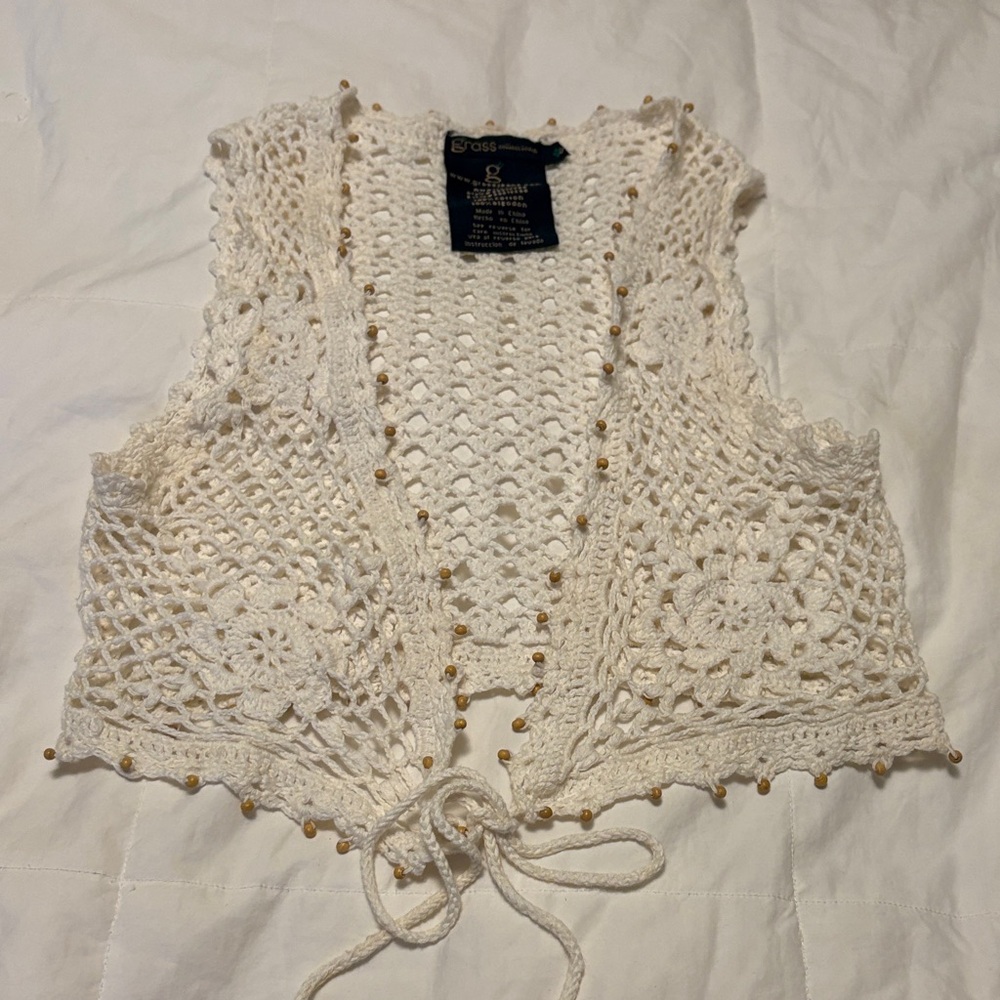 grass collection 100% Cotton White Crochet Tie-Front Tunic Vest S